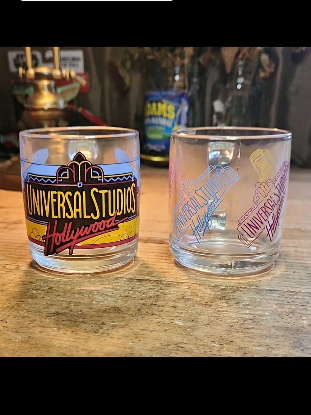 Universal Studios Hollywood Set of 2 Clear Glass Coffee Mugs w/ Handles Printed